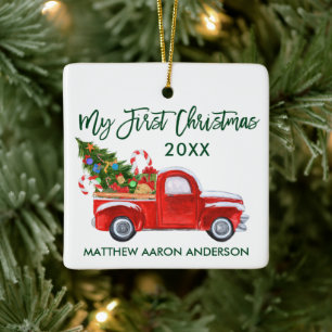 Ornement En Céramique Bébé Mon Premier Noël Camion Arbre Canne de Bonbon