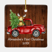 Ornement En Céramique Bébé premier Noël Camion rouge Moose Rustic (Dos)