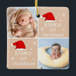 Ornement En Céramique Bébé`s 1er Noël 2 Photos Santa Hat Snowflake<br><div class="desc">Baby`s First Christmas 2 Photos Santa Hat Snowflake Beige Céramique Ornement. Premier design de Noël du bébé mignon avec chapeau de Père Noël rouge,  flocons de neige,  un nom de bébé dans un script blanc une photo de bébé - personnalisez avec le nom et les photos de votre bébé.</div>