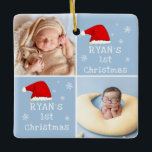 Ornement En Céramique Bébé`s 1er Noël 2 Photos Santa Hat Snowflake<br><div class="desc">Baby`s First Christmas 2 Photos Santa Hat Snowflake Blue Ceramic Ornement. Premier design de Noël du bébé mignon avec chapeau de Père Noël rouge,  flocons de neige,  un nom de bébé dans un script blanc une photo de bébé - personnalisez avec le nom et les photos de votre bébé.</div>