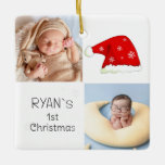 Ornement En Céramique Bébé`s 1er Noël 2 Photos Santa Hat Snowflake<br><div class="desc">Baby`s First Christmas 2 Photos Santa Hat Snowflake Blue Ceramic Ornement. Premier design de Noël du bébé mignon avec chapeau de Père Noël rouge,  flocons de neige,  un nom de bébé dans un script blanc une photo de bébé - personnalisez avec le nom et les photos de votre bébé.</div>