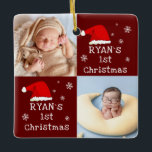 Ornement En Céramique Bébé`s 1er Noël 2 Photos Santa Hat Snowflake<br><div class="desc">Baby`s First Christmas 2 Photos Santa Hat Flocon de neige Ornement en céramique rouge. Premier design de Noël du bébé mignon avec chapeau de Père Noël rouge, flocons de neige, un nom de bébé dans un script blanc une photo de bébé - personnalisez avec le nom et les photos de...</div>