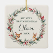 Ornement En Céramique Bébé Woodland First Christmas Photo Customisée (Dos)