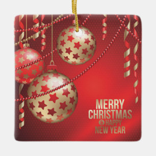 Ornement En Céramique Belles Boules de Noël Rouges et Dorées Carré