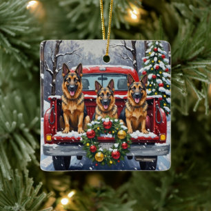 Ornement En Céramique Berger Allemand Noël Camion Rouge Fêtes