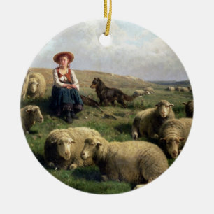 Ornement En Céramique Bergère avec des moutons dans un paysage