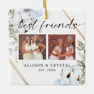 Ornement En Céramique Best Friends 2 photo Collage Boho Floral Christmas