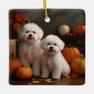 Ornement En Céramique Bichon Frise Puppy Automne Citrouille délice