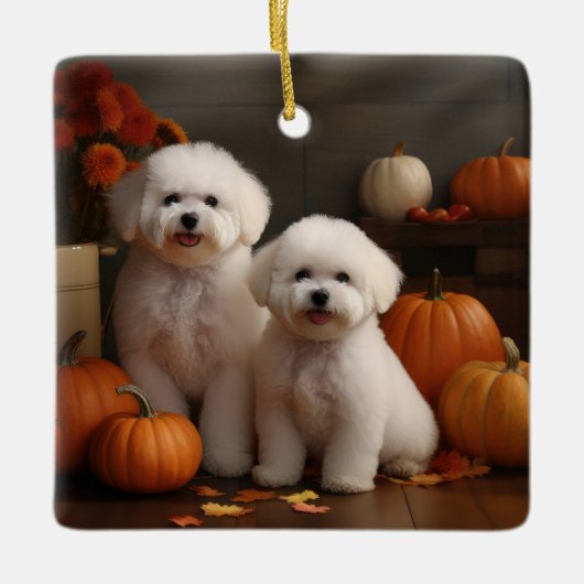 Ornement En Céramique Bichon Frise Puppy Automne Citrouille délice (Devant)