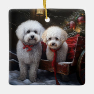 Ornement En Céramique Bichon Frisé Traîneau enneigé Décor de Noël
