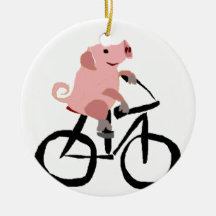 Ornement En Céramique Bicyclette rose drôle d'équitation de porc
