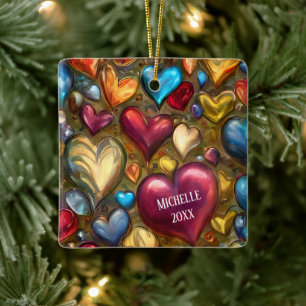 Ornement En Céramique Bijou blanc coloré Coeurs toniques Noël