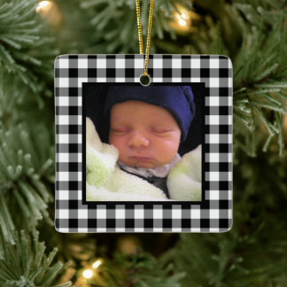 Ornement En Céramique Bison noir et blanc Plaid Baby's 1er Christmas