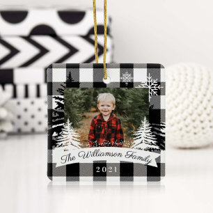 Ornement En Céramique Black Buffalo Plaid Rustic Pine Tree Family Photo