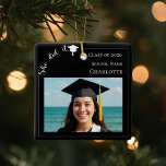 Ornement En Céramique Black white modern photo Graduate<br><div class="desc">Celebrate your graduate’s milestone with this elegant black and white personalized Graduation Ornament. Featuring a custom photo, class year, school name, and graduate’s name, this keepsake adds a meaningful touch to your décor and makes a cherished reminder of this special achievement. The design includes the playful “She did it!” script...</div>