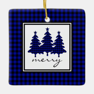Ornement En Céramique Bleu Buffalo Check Pine Trees