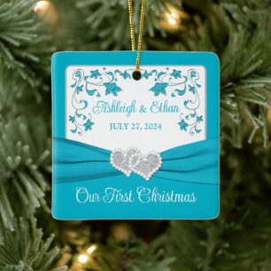 Ornement En Céramique Bleu, cœurs de mariage d'amour argentés 1er Noël