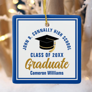 Ornement En Céramique Bleu Gold Graduate 2025 Personnalisé Noël