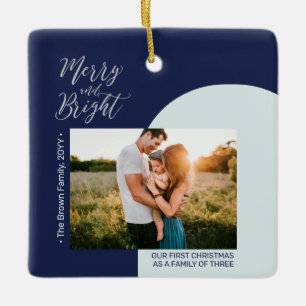 Ornement En Céramique Bleu Nuit & Argent Moderne Photo Famille de Noël