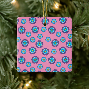 Ornement En Céramique Bleu Violet rose motif floral