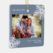 Ornement En Céramique Blue First Christmas Engagé Snowflake Photo (Droite)