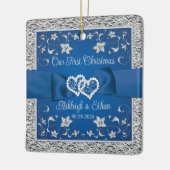 Ornement En Céramique Blue, Grey Love Hearts Mariage 1er Noël (Gauche)