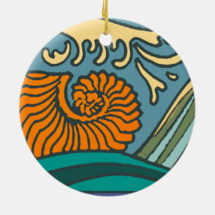 Ornement En Céramique Blue Ocean Waves Nautilus Seashell Motif Nouveau