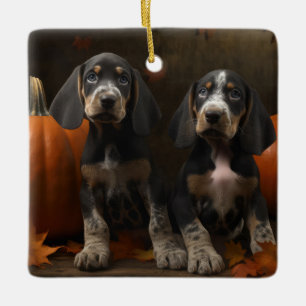 Ornement En Céramique Bluetick Coonhound Chiot Automne Citrouille de pla