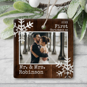 Ornement En Céramique Bois rustique 1er Noël M. & Mme Photo