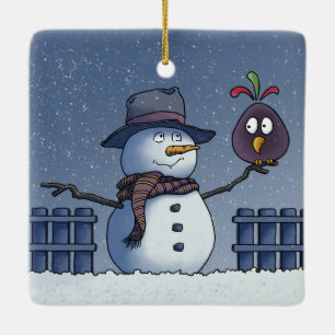 Ornement En Céramique Bonhomme de neige avec oiseau