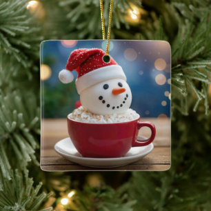 Ornement En Céramique Bonhomme de neige de Noël dans du cacao chaud
