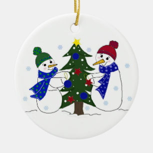 Ornement En Céramique Bonhommes de neige décorant un sapin de Noël