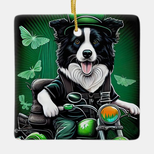 Ornement En Céramique Border Collie Chien Conduisant un Vélo St. Patrick (Devant)