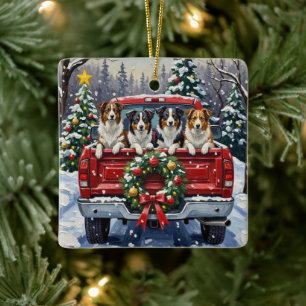 Ornement En Céramique Border Collie Noël Camion Rouge Fêtes