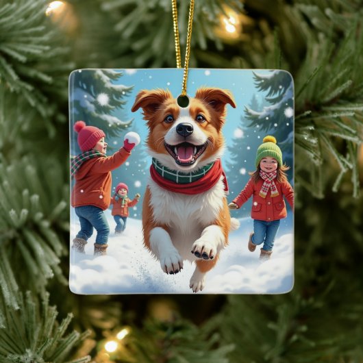 Ornement En Céramique Border Terrier Snowball Fight Christmas Painting (Arbre)
