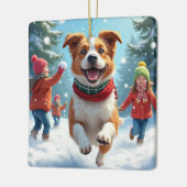 Ornement En Céramique Border Terrier Snowball Fight Christmas Painting (Gauche)