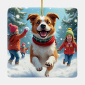 Ornement En Céramique Border Terrier Snowball Fight Christmas Painting (Dos)