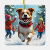 Ornement En Céramique Border Terrier Snowball Fight Christmas Painting (Devant)