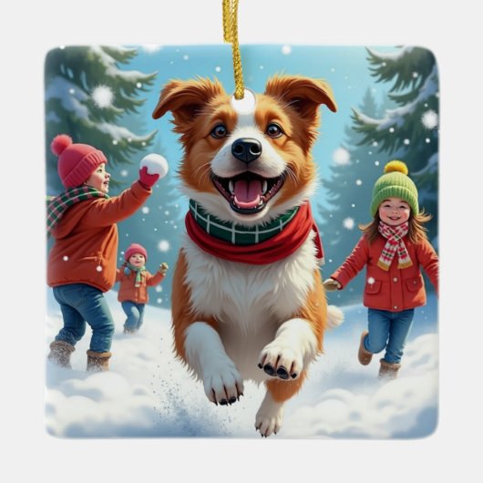 Ornement En Céramique Border Terrier Snowball Fight Christmas Painting (Devant)