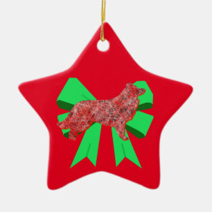 Ornement En Céramique Bordure Collie Chien rouge et Bow vert Noël