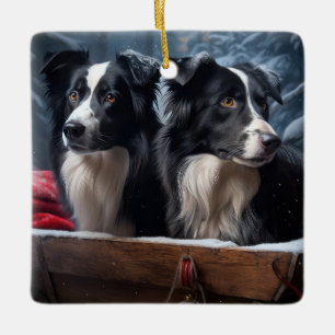 Ornement En Céramique Bordure Collie Snowy Sleigh Décor de Noël
