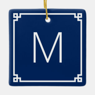 Ornement En Céramique Bordure grecque blanche et marine Photo Monogramme