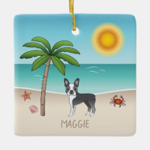 Ornement En Céramique Boston Terrier Bleu sur une Plage Tropicale d'Été