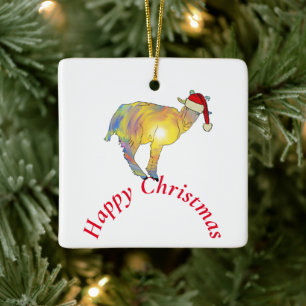 Ornement En Céramique Bouc de Noël heureux avec un chapeau de Père Noël