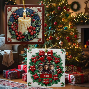 Ornement En Céramique Bougie de Noël Blanche Carré Personnalisable