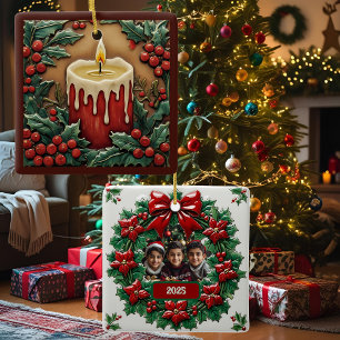 Ornement En Céramique Bougie de Noël rouge personnalisable carré