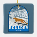 Ornement En Céramique Boulder Colorado Cougar Retro Travel Art Vintage<br><div class="desc">Conception vectorielle de la sangle. Boulder est une ville située au pied des montagnes Rocheuses,  dans le nord du Colorado. A l'ouest,  les Flatirons bordés de sentiers sont des formations rocheuses escarpées qui surplombent la ville.</div>