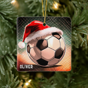 Ornement En Céramique Boule de football avec chapeau rouge Père Noël