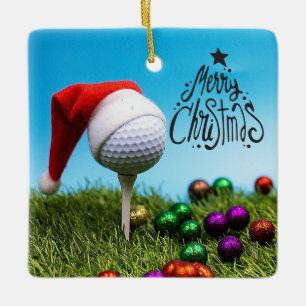 Ornement En Céramique Boule de golf sur tee avec chapeau de Santa pour N