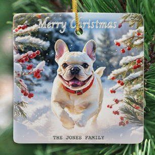 Ornement En Céramique Bouledogue français crème dans la neige Joyeux Noë